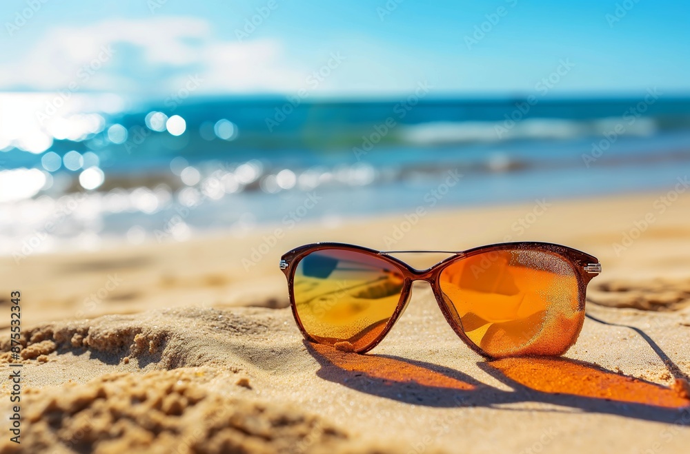 Sunglasses on sandy beach by the sea Sunglasses on sandy beach by the sea