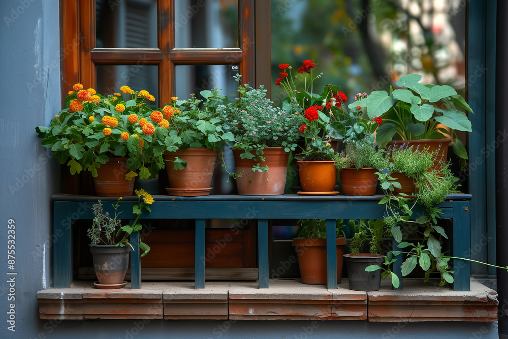 Fototapeta premium Balcony with potted plants and herbs