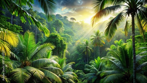 Lush Tropical Rainforest with Sunlight Rays - A Vibrant Panorama of Palm Trees and Greenery © ishootgood
