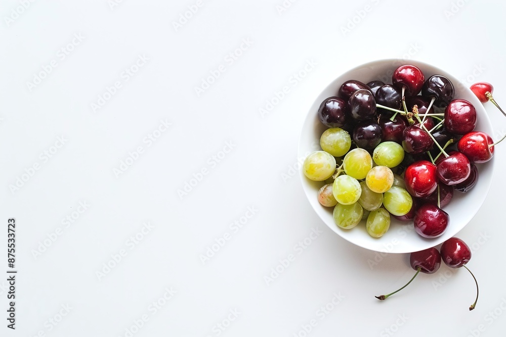 Bowl of mixed cherries on white background. Flat lay composition with copy space. Fresh fruit design for poster, wallpaper, banner, greeting card, invitation, postcard. Bowl of mixed cherries on white background. Flat lay composition with copy space. Fresh fruit design for poster, wallpaper, banner, greeting card, invitation, postcard.