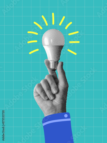 hand holding illuminated light bulb idea innovation thinking creativity inspiration concept template design with retro halftone dotted collage element