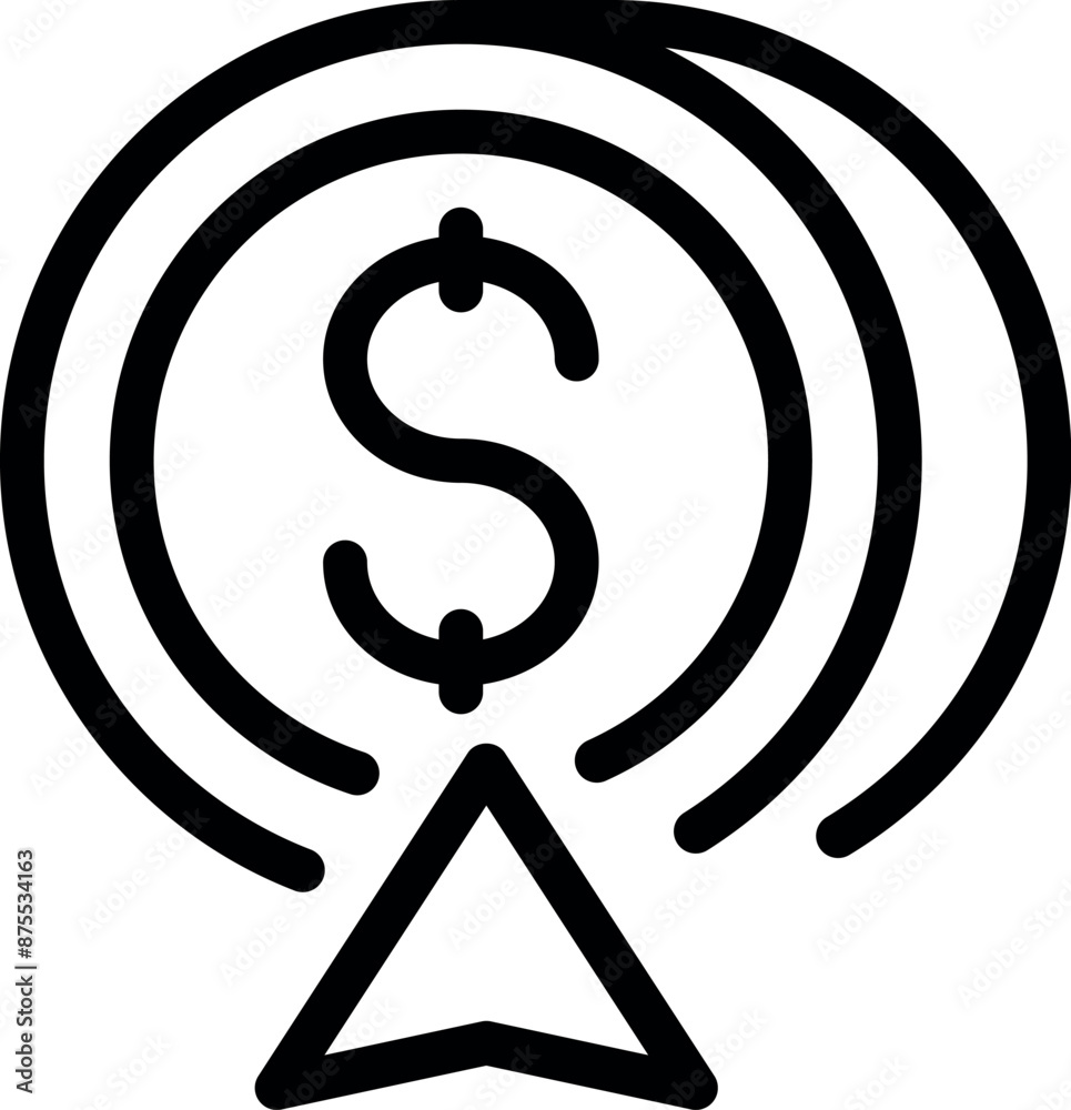 Line icon of a dollar coin sending signals with arrow pointing up, indicating growth Line icon of a dollar coin sending signals with arrow pointing up, indicating growth