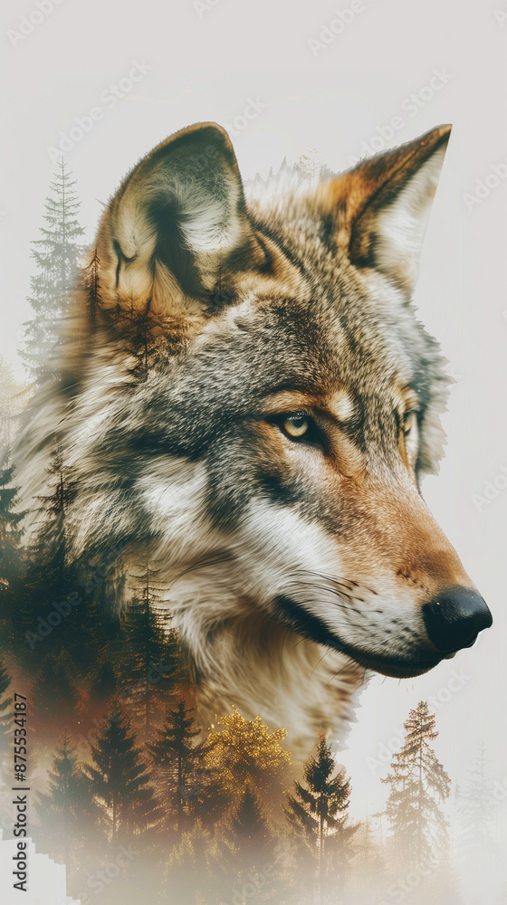 Fototapeta premium Double exposure of a wolf with a forest, created with generative AI technology