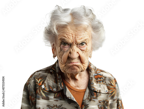Portrait of an angry elderly woman. Old people concept. Emotions concept.