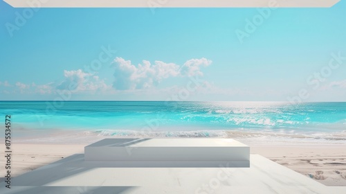 Display sea place for products sand sun beach. Beach. Ultra realistic. Photorealistic