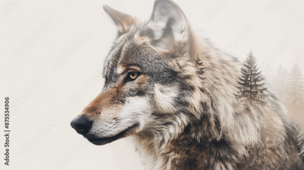 Double exposure of a wolf with a forest, created with generative AI technology Double exposure of a wolf with a forest, created with generative AI technology