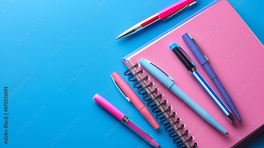 Pink notebook and pens with office supplies on blue background, web banner for product text space. Pink notebook and pens with office supplies on blue background, web banner for product text space.