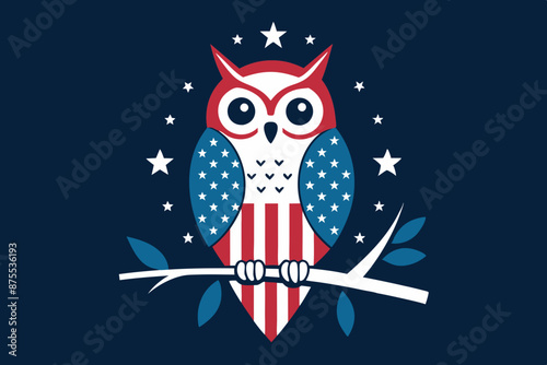 A T-shirt Design featuring an owl perched on a branch with the American flag draped around it. Add a backdrop of stars and stripes to complete the patriotic look