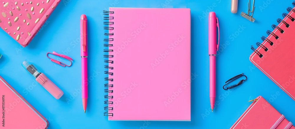 Pink notebook, pens, and accessories on blue background, web banner with space for text. Pink notebook, pens, and accessories on blue background, web banner with space for text.