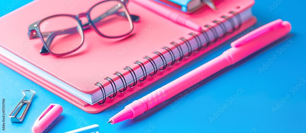Pink notebook, pens, and accessories on blue background, web banner with space for text. Pink notebook, pens, and accessories on blue background, web banner with space for text.