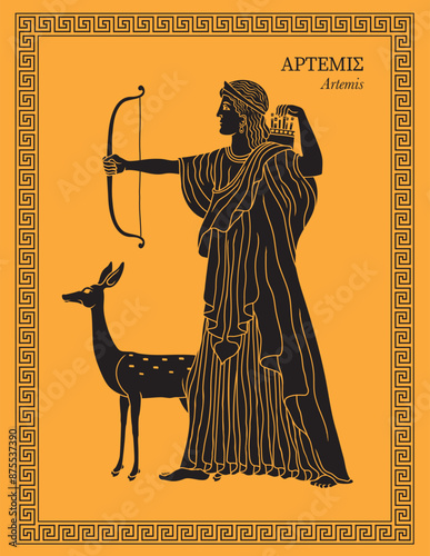 Vector illustration of the Greek goddess Artemis, the goddess of the hunt, the wilderness, wild animals, nature, vegetation, childbirth, care of children and chastity.