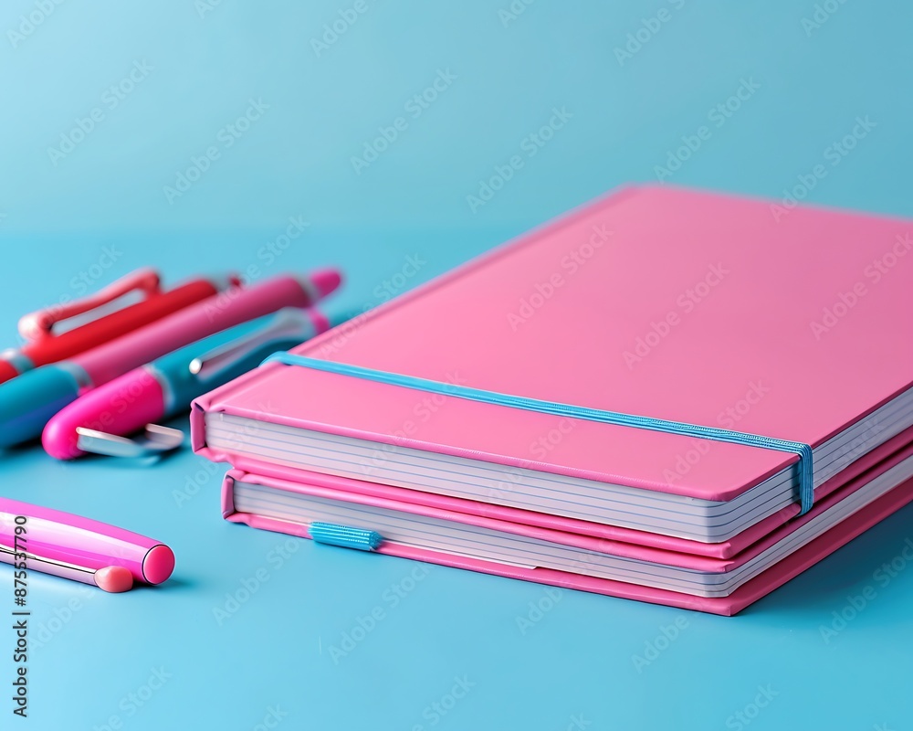 Pink notebook, pens, and desk accessories on blue backdrop, web banner with product text space. Pink notebook, pens, and desk accessories on blue backdrop, web banner with product text space.