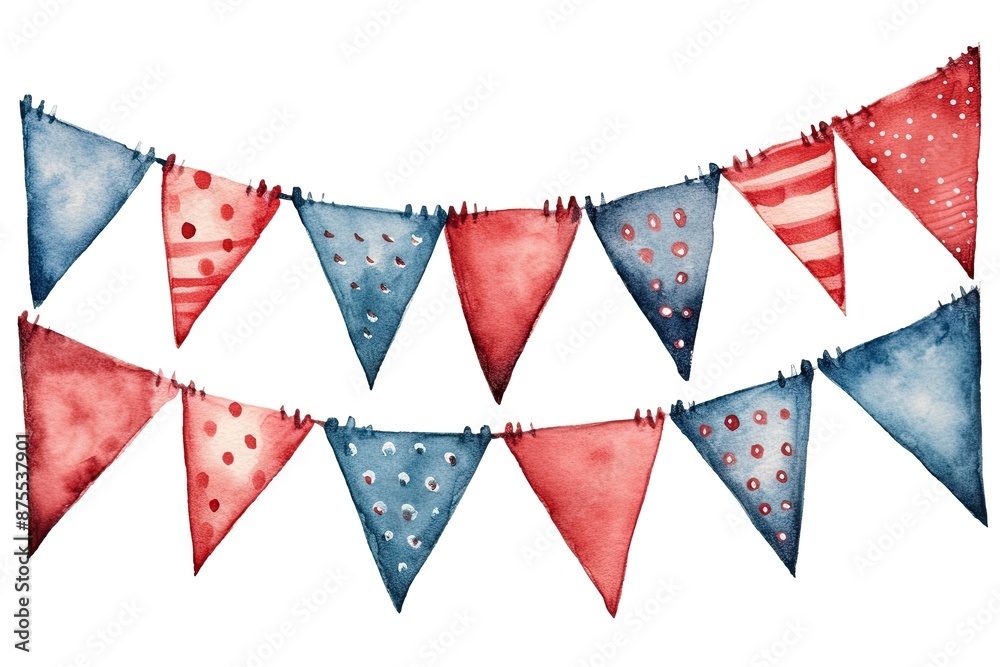 Obraz premium Watercolor bunting with red and blue flags in two rows, featuring polka dots and stripes.