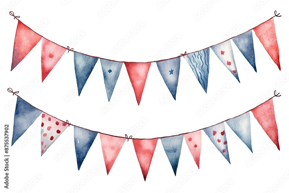 Obraz premium Watercolor bunting with red, white, and blue flags featuring stars, polka dots, and other patterns.