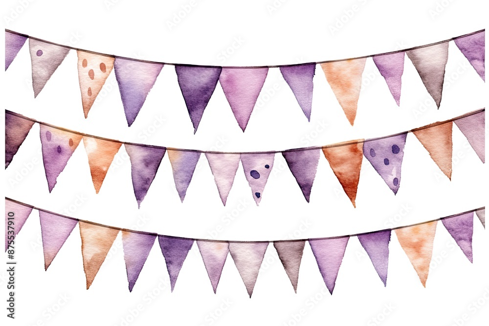 Obraz premium Watercolor bunting in purple and orange tones with polka dots and abstract patterns hanging in three rows.