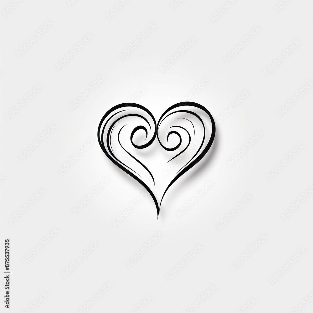 Fototapeta premium Black and white heart illustration with smooth, flowing lines and a modern, minimalist aesthetic, isolated on a white background.