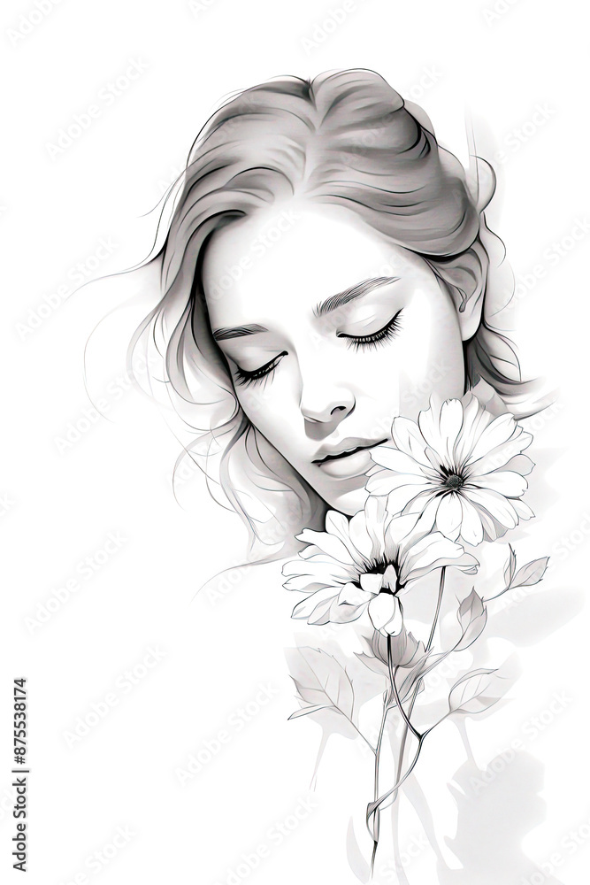 Black and white illustration of a woman with closed eyes holding two flowers, evoking a serene and peaceful mood.. Black and white illustration of a woman with closed eyes holding two flowers, evoking a serene and peaceful mood..