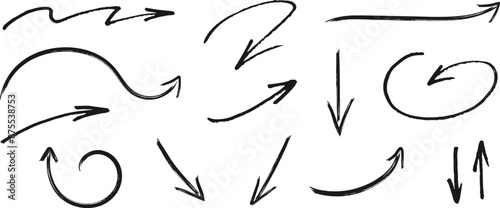 Set of different grunge brush arrows, pointers. Hand drawn paint object for use in your design. Vector illustration