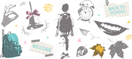 Set of school elements with retro photocopy effect Y2K and doodles. Boy goes to school, backpack, bell, hand, smile, alarm clock, autumn leaves. Pop art design. Vector illustration for collage designs