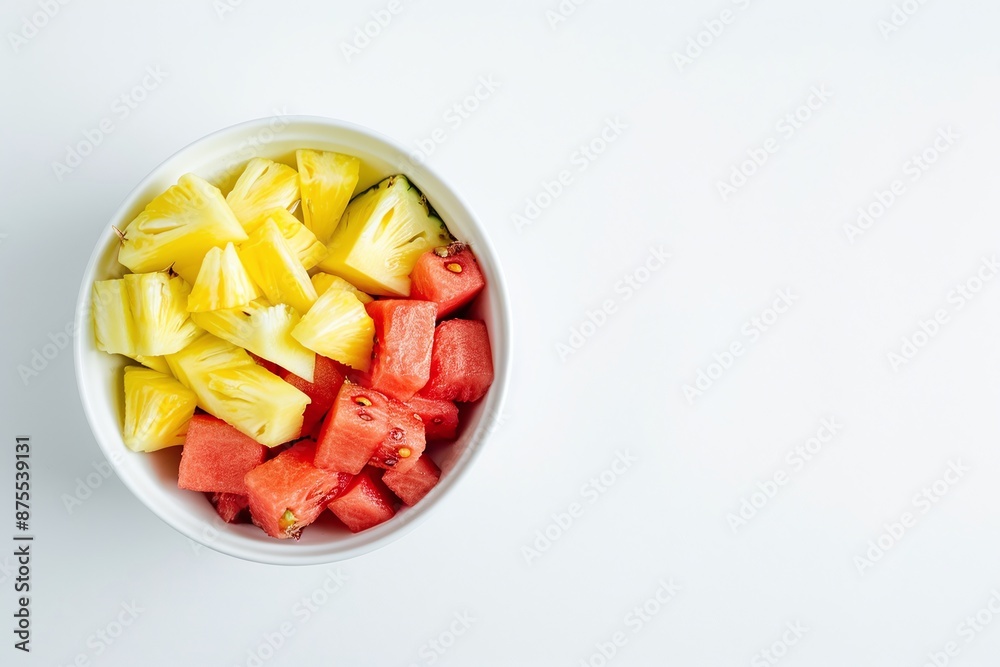 Bowl of pineapple and watermelon cubes on white background. Flat lay composition with copy space. Fresh fruit design for poster, wallpaper, banner, greeting card, invitation, postcard. Bowl of pineapple and watermelon cubes on white background. Flat lay composition with copy space. Fresh fruit design for poster, wallpaper, banner, greeting card, invitation, postcard.