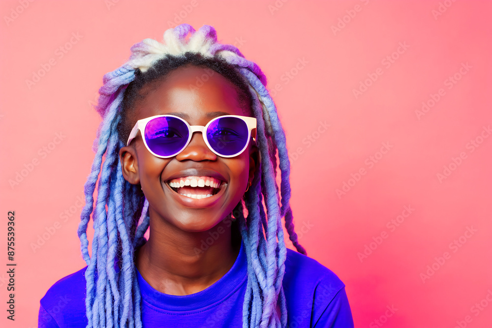 Portrait of a beautiful smiling dark-skinned girl with blue dreadlocks wearing sunglasses on a pink background, close-up Portrait of a beautiful smiling dark-skinned girl with blue dreadlocks wearing sunglasses on a pink background, close-up