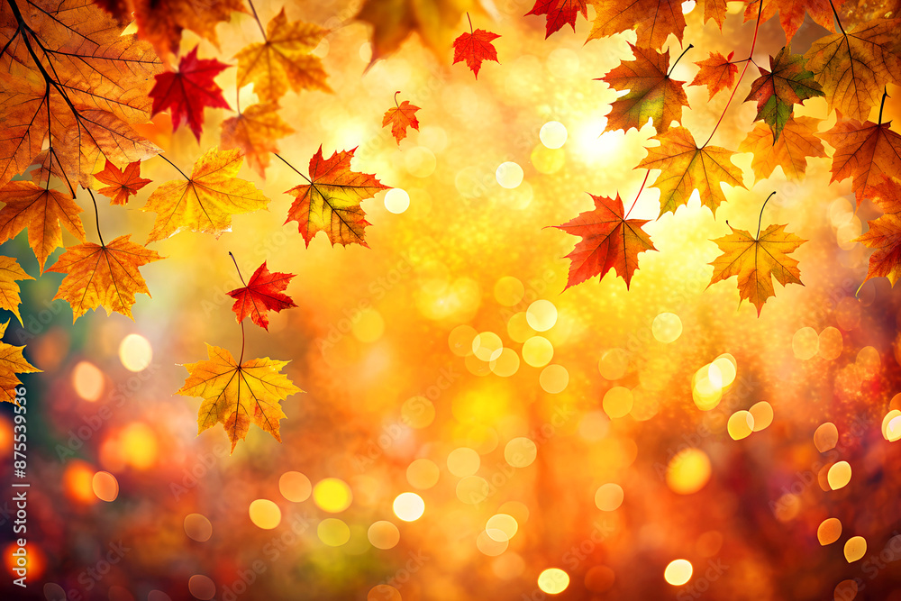 Autumn bright background with maple leaves and bright bokeh, copy space Autumn bright background with maple leaves and bright bokeh, copy space