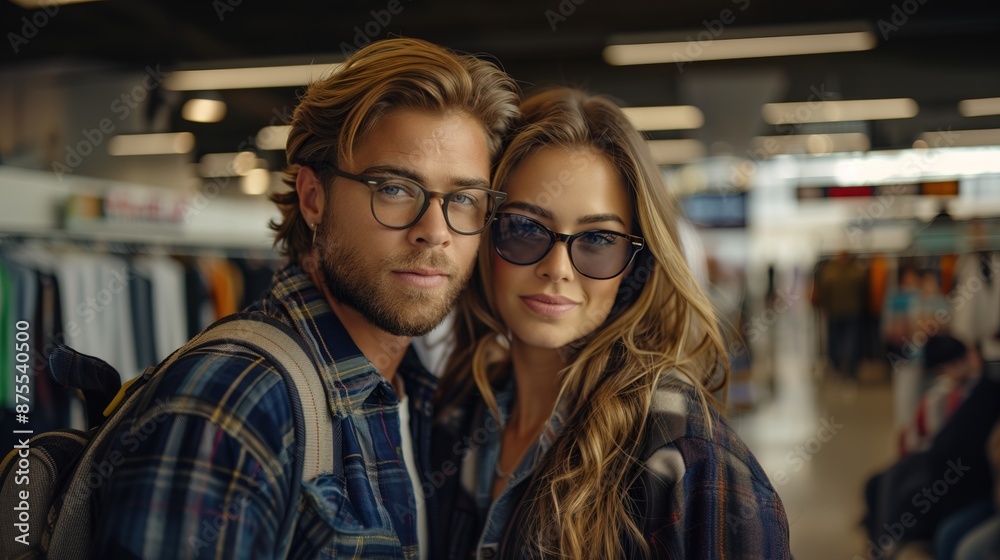 Caucasian couple shopping in an eco-friendly clothing store Caucasian couple shopping in an eco-friendly clothing store