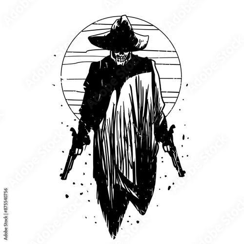 Ghost Skeleton Gunslinger Silhouette at Sunset Vector