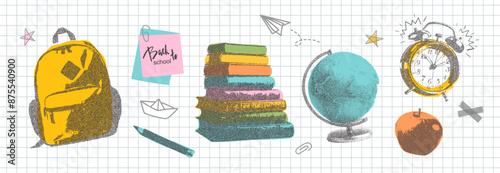 Set of school elements with retro photocopy effect Y2K and doodles. Backpack, pencil, stack of books, globe, alarm clock, apple and more. Pop art design. Vector illustration for collage designs, banne