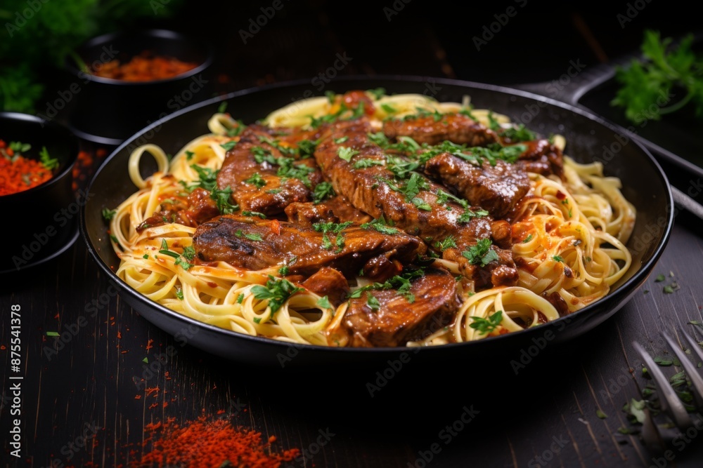 pasta linguine with fried chicken liver, top view
pasta linguine with fried chicken liver, top view