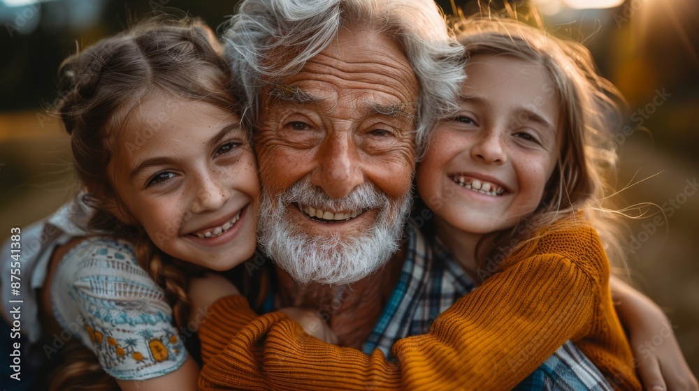 Grandfather and Granddaughters Hugging Outdoors. A joyful grandfather hugging his two granddaughters outdoors, radiating happiness and family love. Grandfather and Granddaughters Hugging Outdoors. A joyful grandfather hugging his two granddaughters outdoors, radiating happiness and family love.