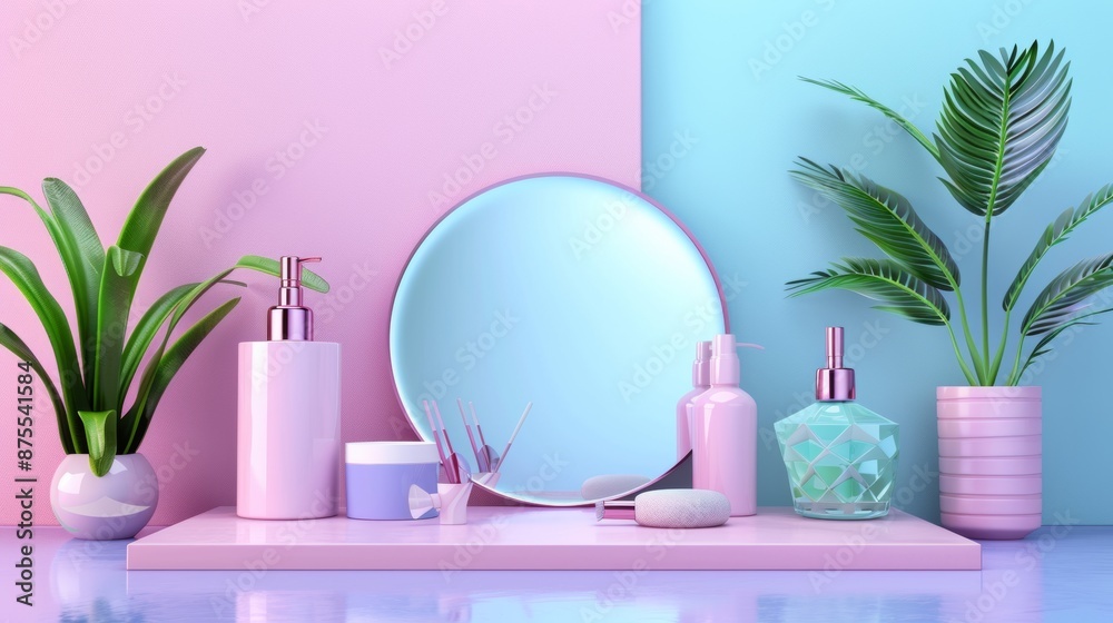 Pastel Bathroom Accessories on Pink and Blue Background Pastel Bathroom Accessories on Pink and Blue Background