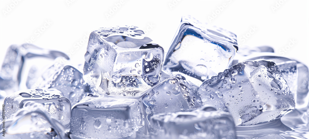 A pile of clear, transparent ice cubes stacked together with a white background A pile of clear, transparent ice cubes stacked together with a white background