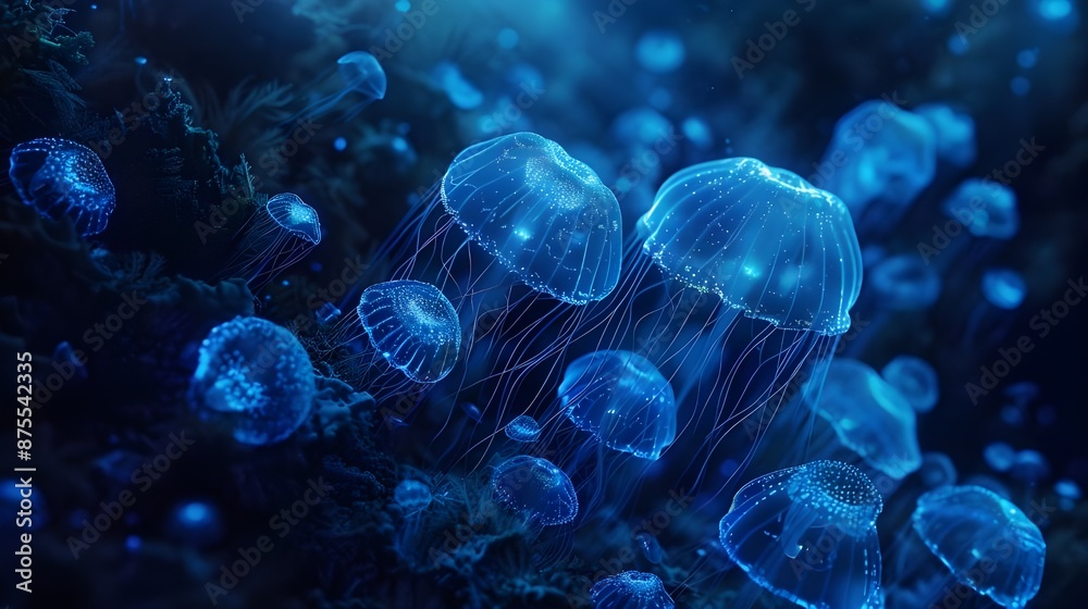  A mesmerizing view of glowing blue jellyfish swimming underwater, showcasing the beauty and mystery of marine life.