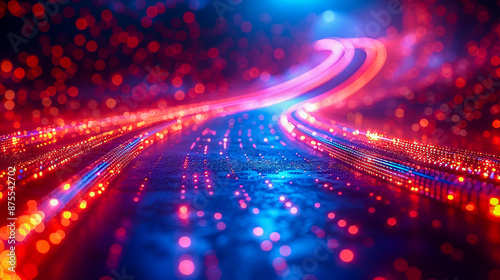 Bright lights and colorful trails on a modern highway at night, capturing urban speed and motion