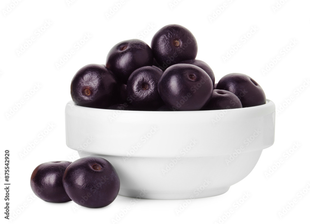 Fresh ripe acai berries in bowl isolated on white Fresh ripe acai berries in bowl isolated on white