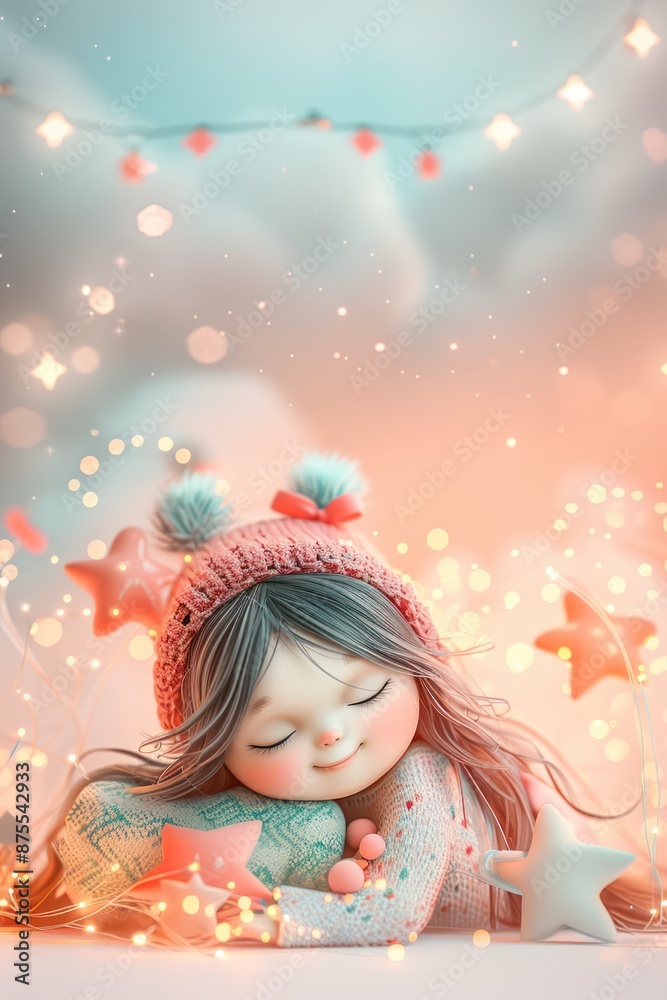 A cute illustration for a kids' book showing a girl in pink and light blue, lying on a pillow, surrounded by twinkling stars and a magical string of lights, with a fairy-like quality. A cute illustration for a kids' book showing a girl in pink and light blue, lying on a pillow, surrounded by twinkling stars and a magical string of lights, with a fairy-like quality.