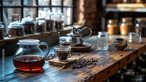 Cozy Coffee Shop with Beans and Brewing Equipment