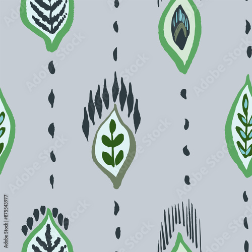 Seamless vector repeat pattern with abstract natural boho ikat shapes with simple stylized botanical shapes and faux quilting stitch. Hand drawn gender neutral teenage dorm room Bohemian organic