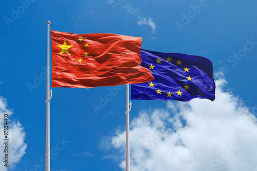Photography China and EU flags above blue sky