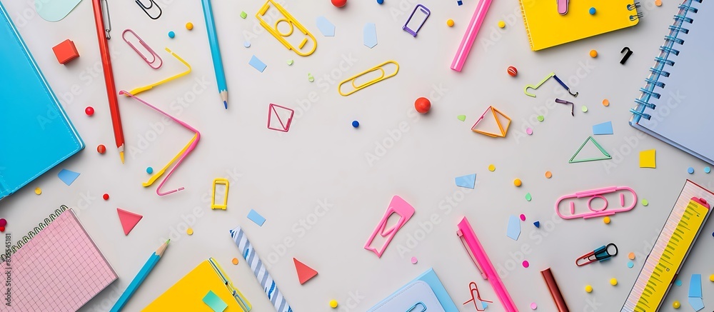 Playful flat lay of school supplies with small geometric shapes on light background, representing creativity in learning.