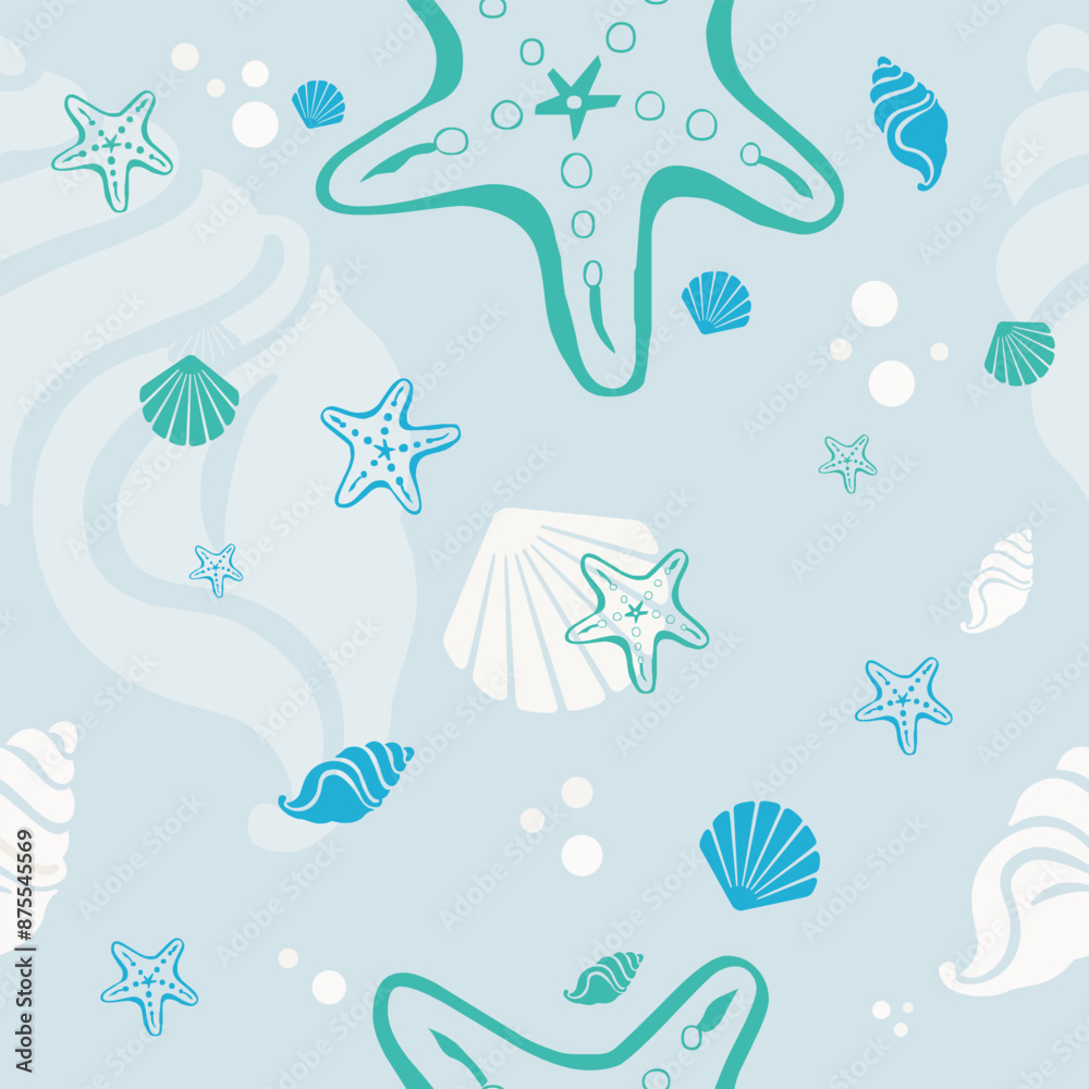 Beach shells and stars seamless pattern. Summer holidays background. Beach shells and stars seamless pattern. Summer holidays background.