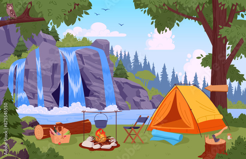 Campsite view. Wild nature camping landscape with tent and campfire, summer forest camp flat vector illustration. Cartoon camping view