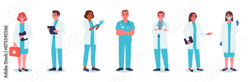 Cartoon doctors and nurses. Medical clinic workers, therapist, paramedic and nurse flat vector illustration set. Hospital professional staff