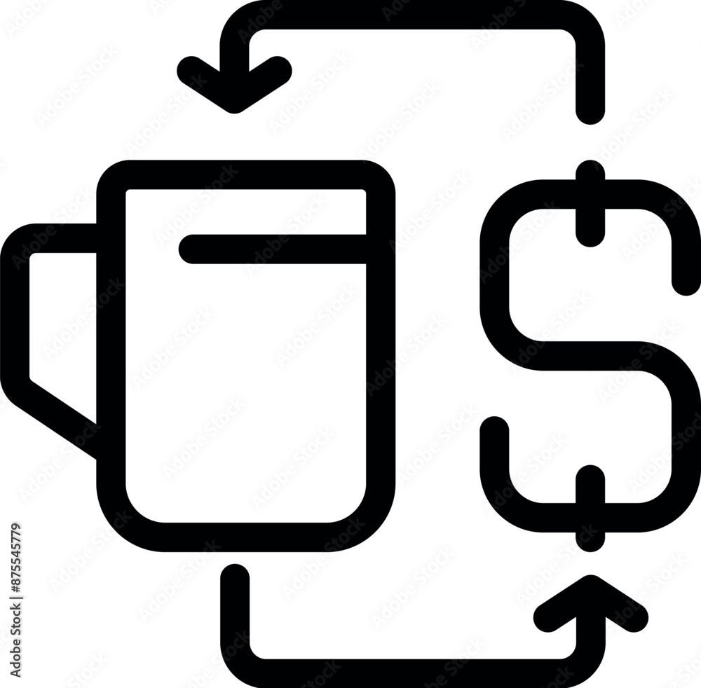 Line art icon of a coffee cup connected to a dollar sign representing the concept of investing in a coffee business