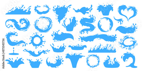 Cartoon water splash silhouettes. Blue liquid water drops, flows and waves, blue liquid splashes flat vector illustration set. Water splash silhouettes