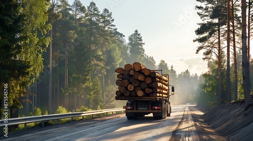 Long heavy industrial wood carrier cargo vessel container truck trailer with big timber pine, spruce, cedar driving on highway road with blue sky background. Timber export and shipping concept photo