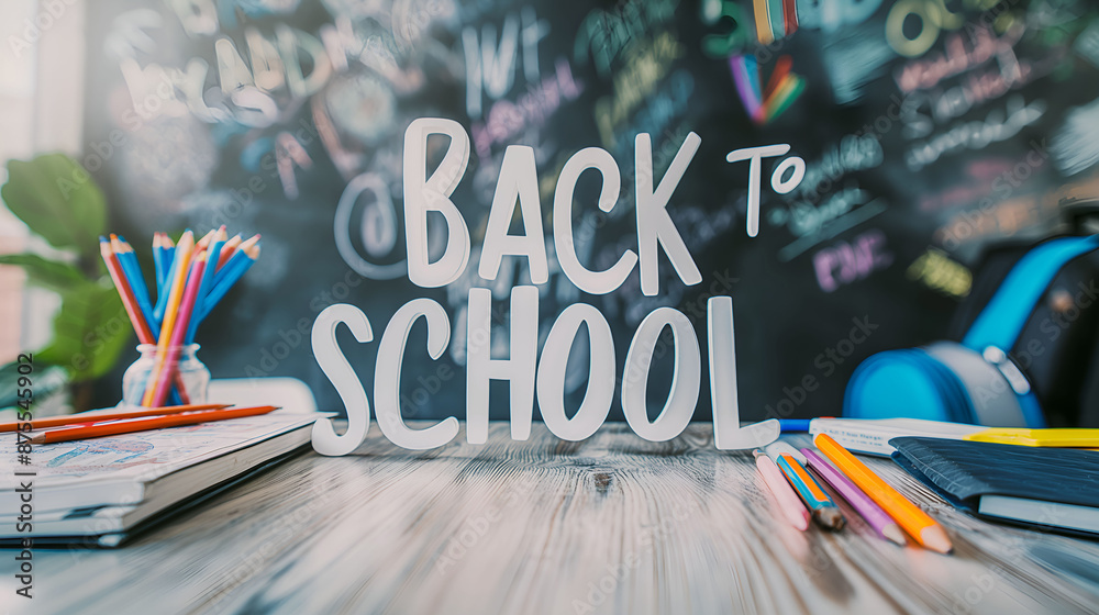Back to school set with backpack and office supplies. School background. Front view. Chalkboard with doodles and text. Back to school set with backpack and office supplies. School background. Front view. Chalkboard with doodles and text.