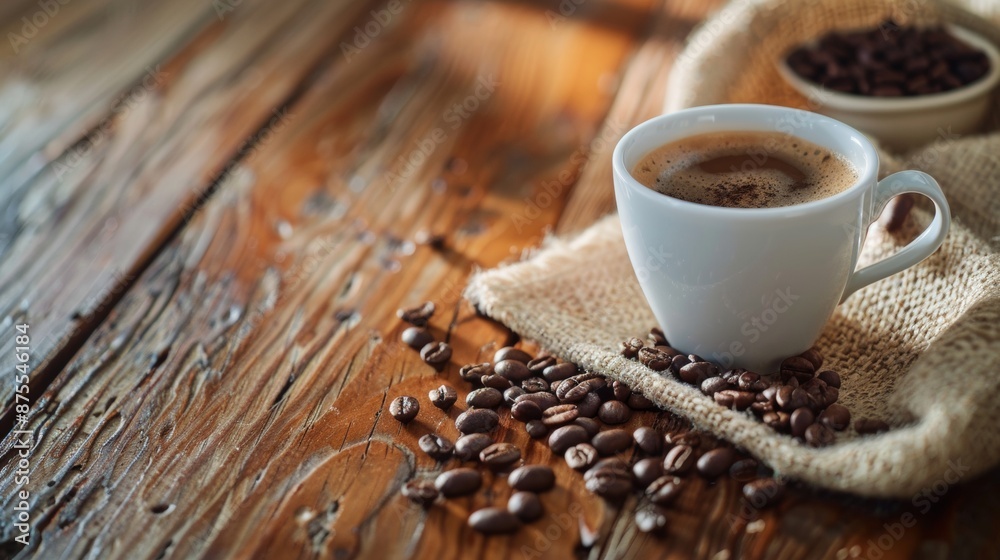 Cup of coffee with coffee beans on wooden table Cup of coffee with coffee beans on wooden table