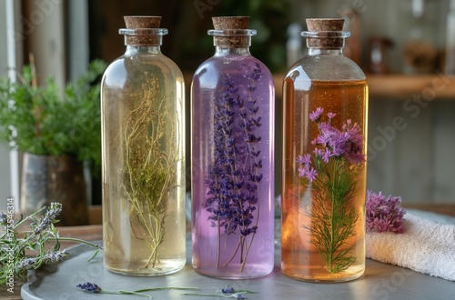 Herbal shampoos in glass bottles